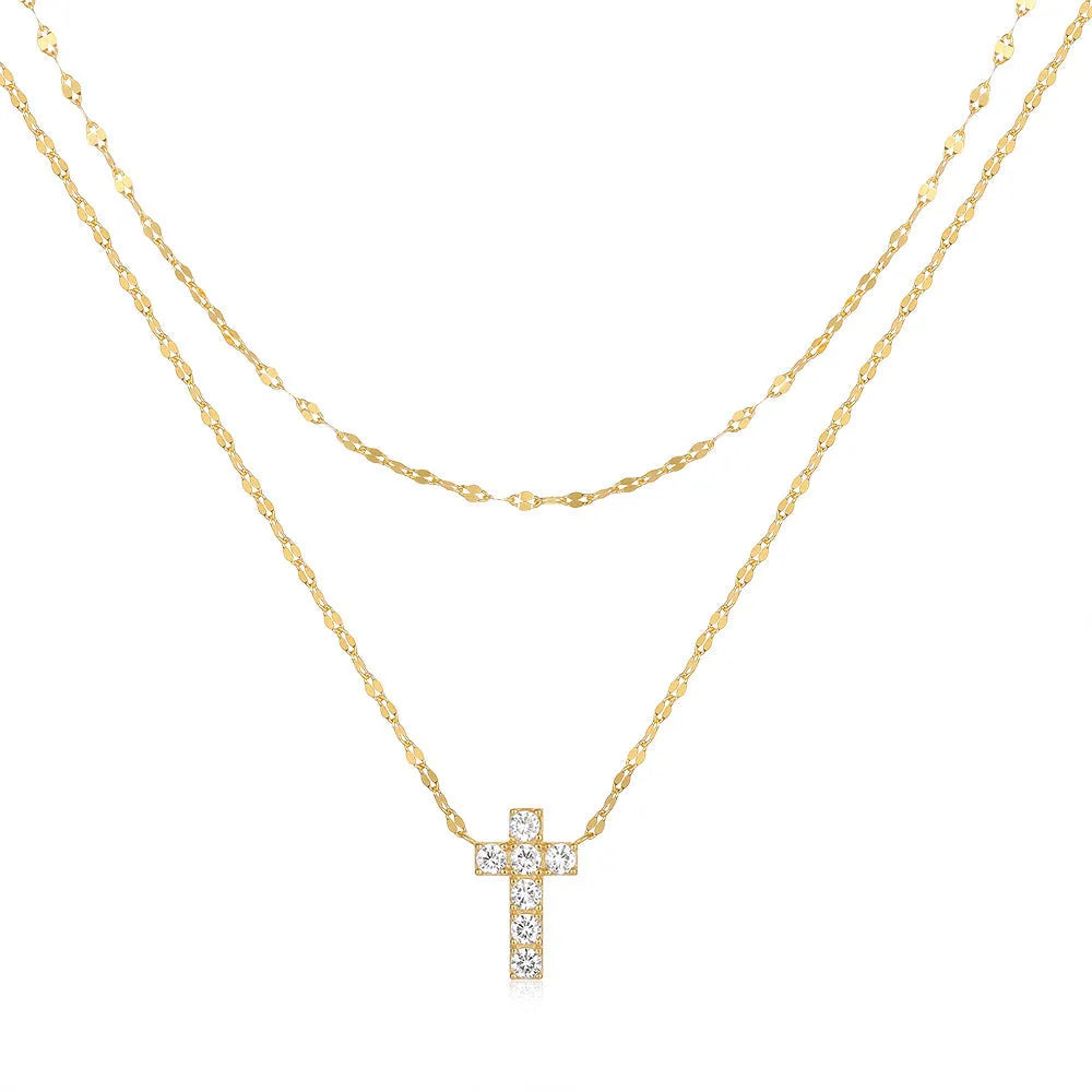 S925 sterling silver double layer geometric cross pendant with twin diamond patterns on clavicle chain