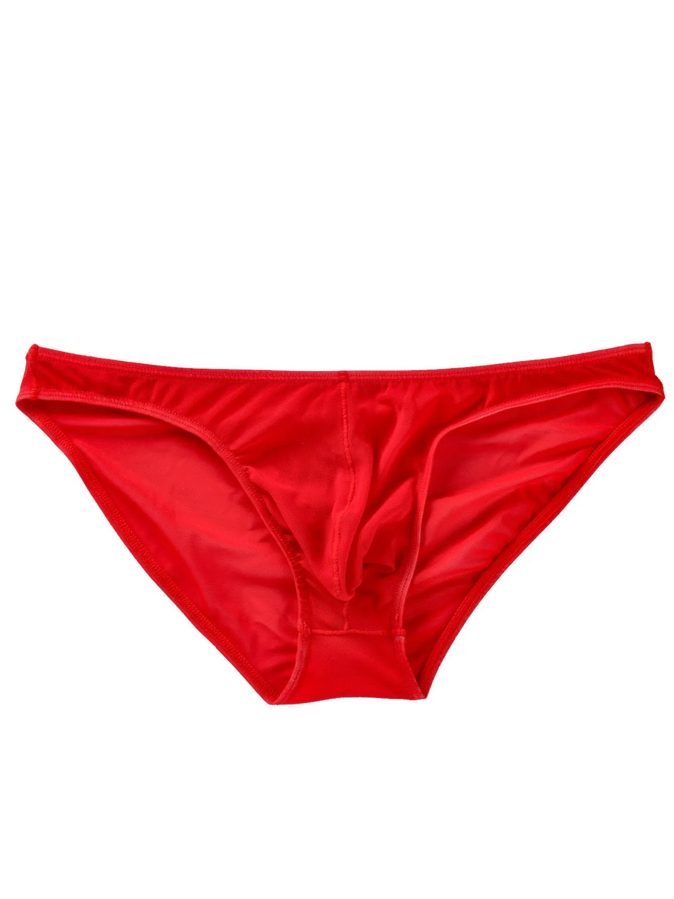 Men's black triangle mid waist nylon shorts laid flat, showing low waist briefs style.