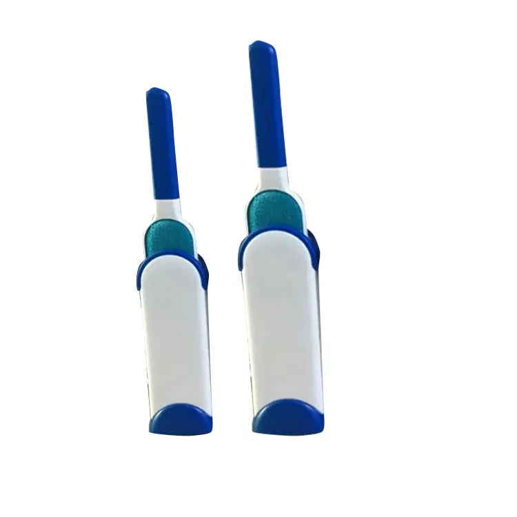 Blue reusable pet hair removal comb with a double-sided sticky brush and self-cleaning base.