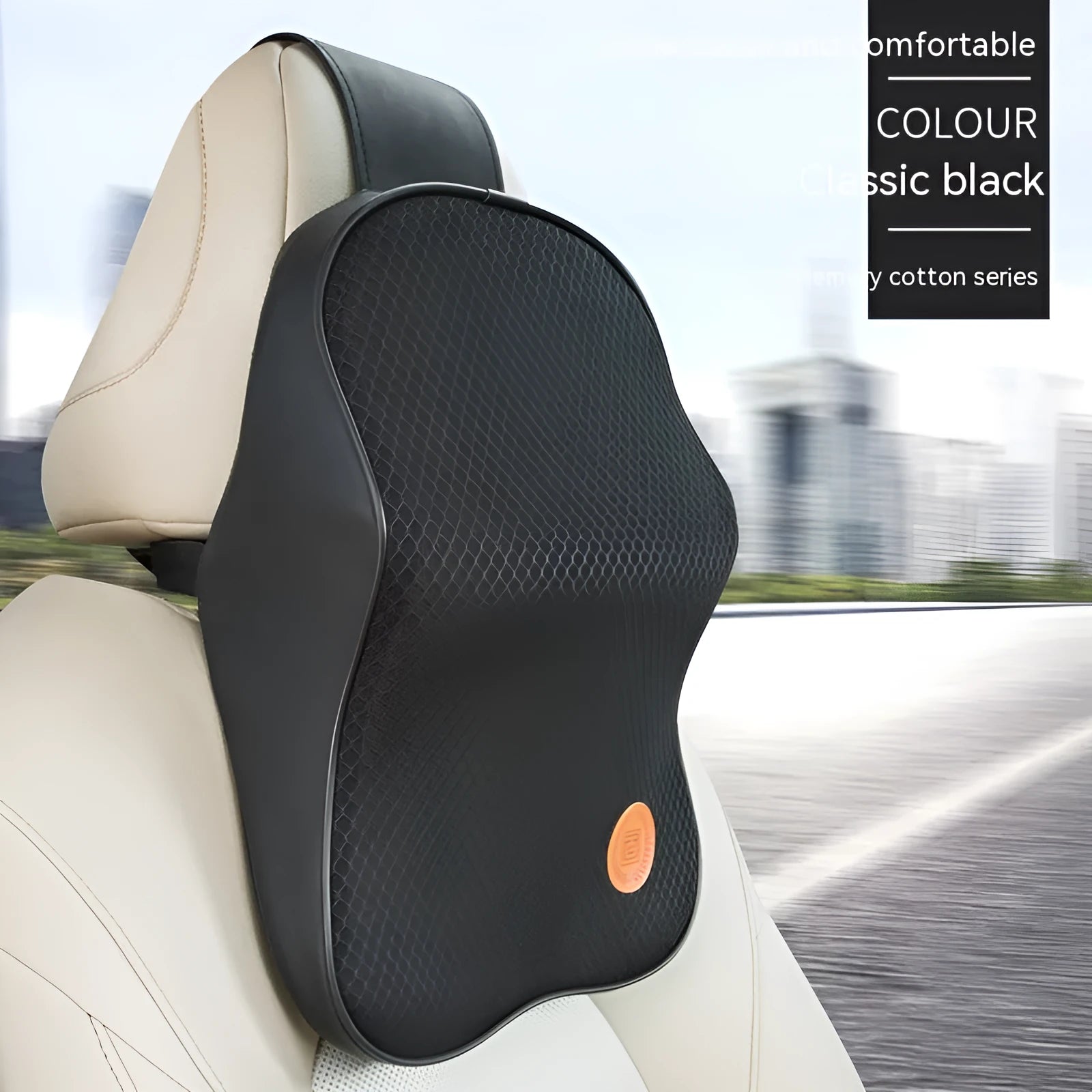 Black and brown memory foam car headrest and lumbar support pillows on a car seat.