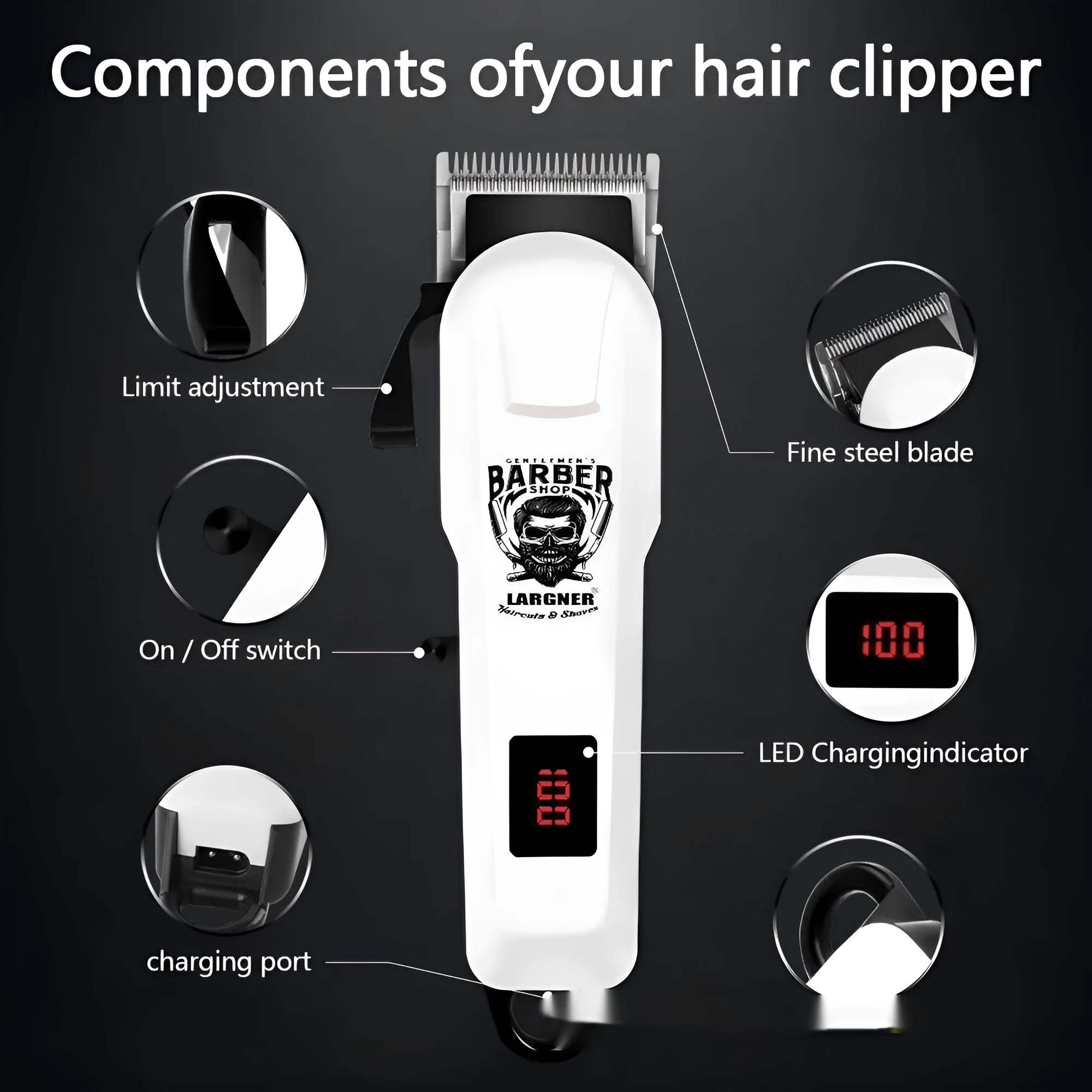 USB rechargeable hair clipper with stainless steel cutter head and 4 grooming attachments