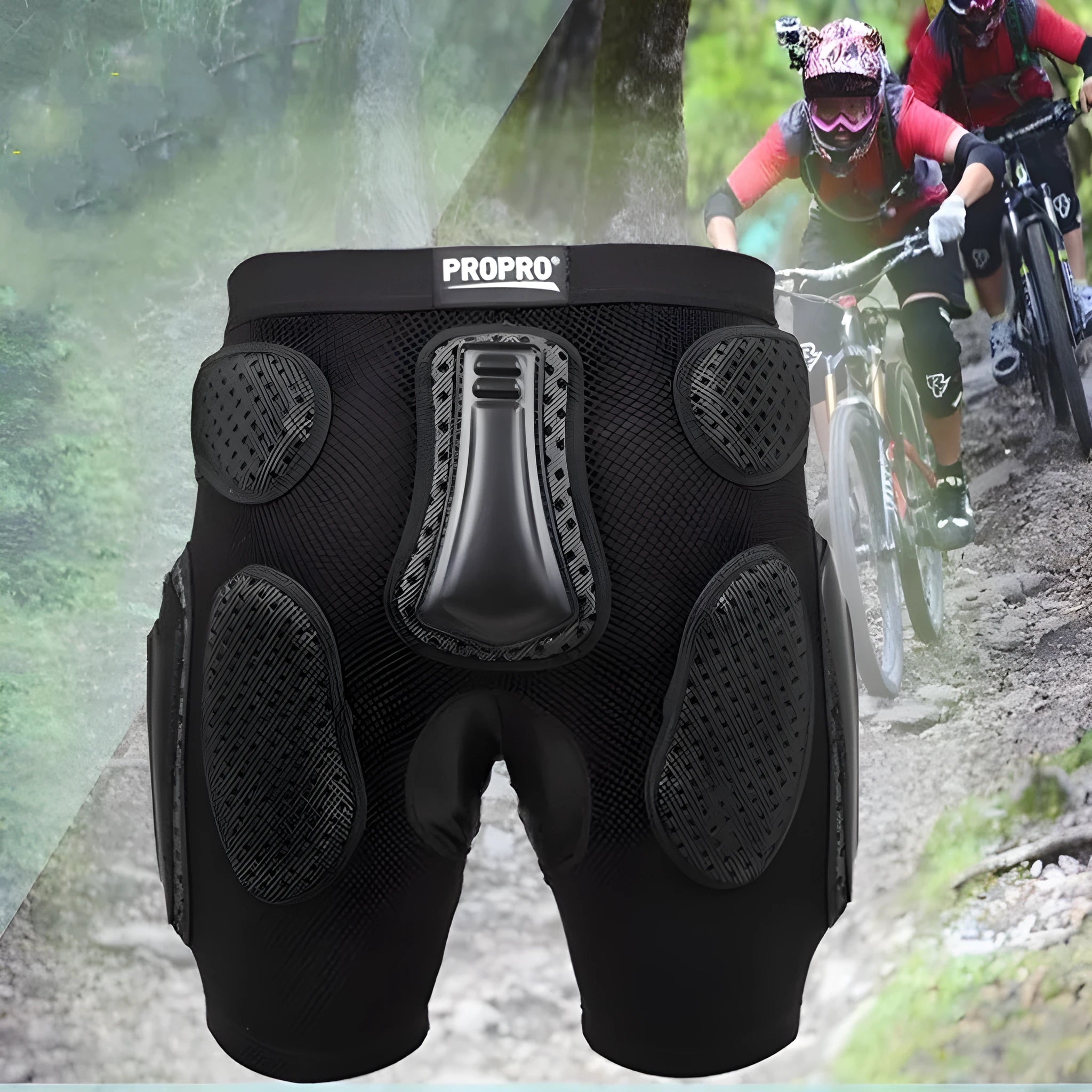 Black cycling hip protection pants with foam padding in hip area showing unisex sizing options