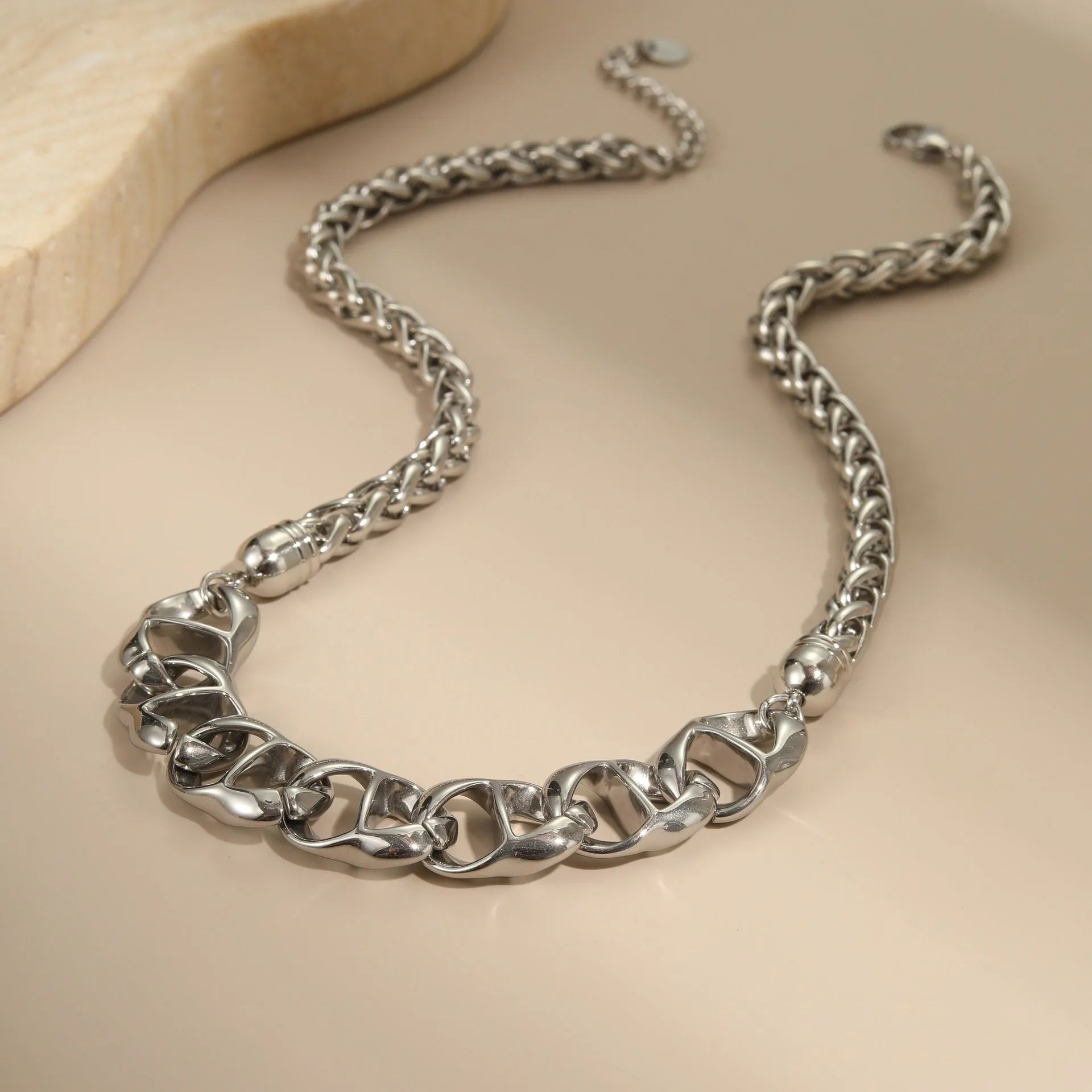 Stainless steel geometric pendant necklace with gold plating on regular chain