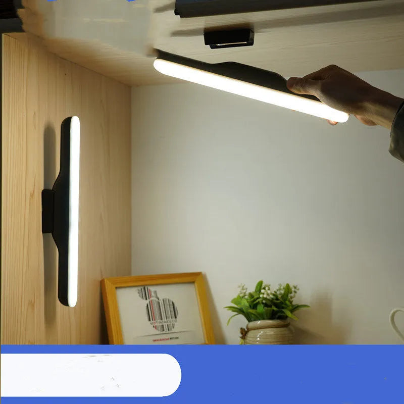 Plastic LED desk lamp with touch control showing three dimming settings and rechargeable battery for portable use