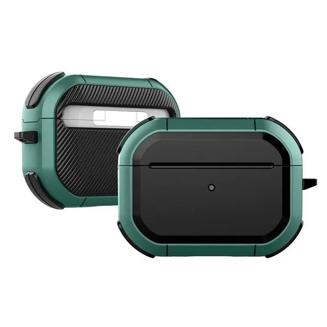Black TPU and PC protective shell case for Apple AirPods 1, 2, and Pro charging case.