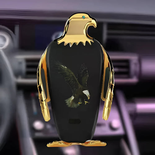 Black and gold wireless charging car phone holder with eagle design and suction cup mount