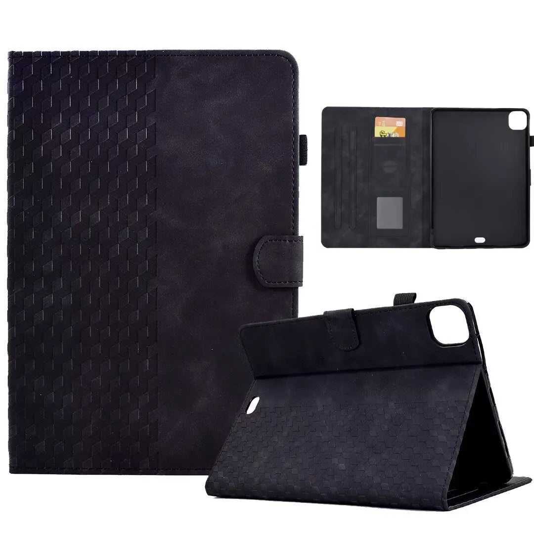 Leather tablet case for iPad Pro 11 with card slot and folded-out kickstand, shown in diamond black finish.
