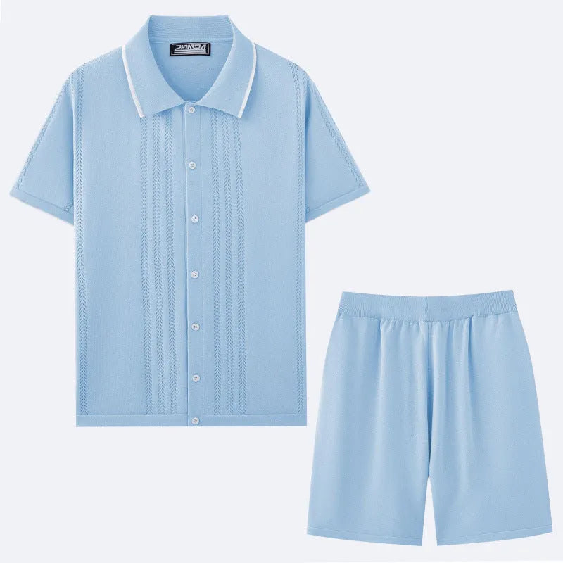 Tencel knit business casual two-piece set with short sleeve top and shorts in multiple colours.