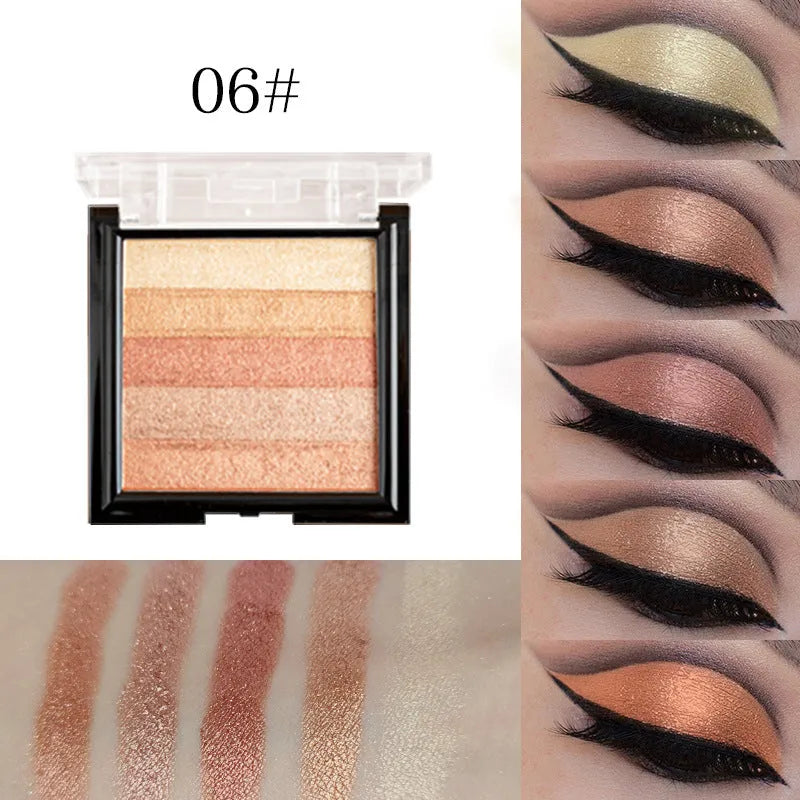 A compact of highlight eye shadow in one of six colour styles, shown open to display the powder.