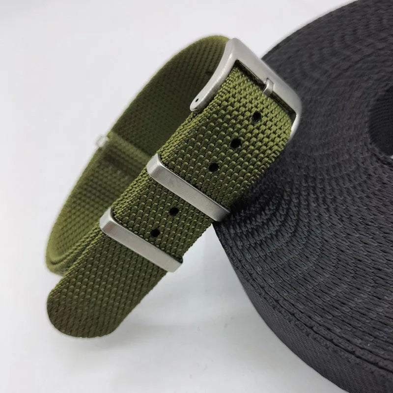 Woven nylon integrated watch strap in Army Green colour, showing 20mm and 22mm width options.