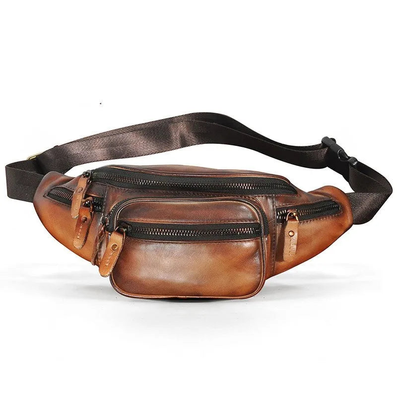 Dark crazy horse cowhide leather messenger bag showing front flap and adjustable shoulder strap.