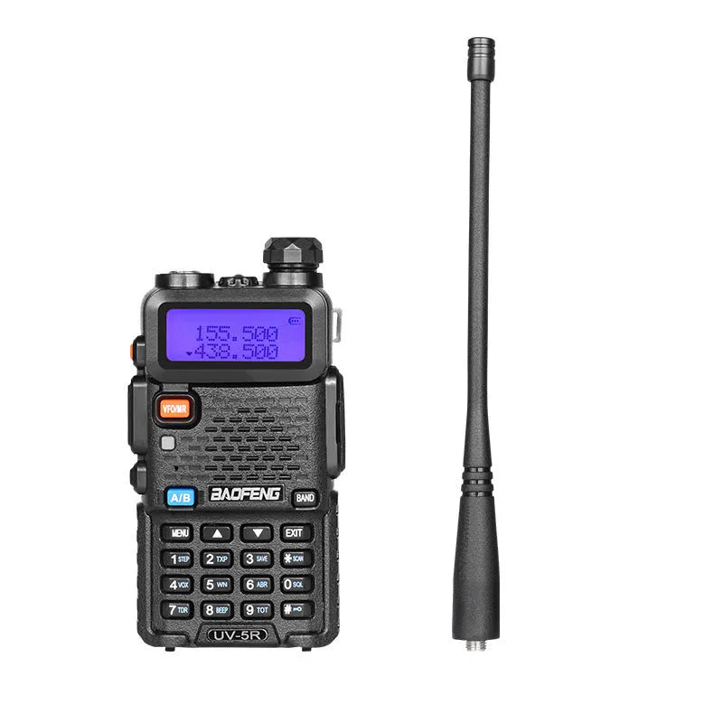 Handheld dual-band VHF/UHF walkie talkie with antenna showing compact dimensions