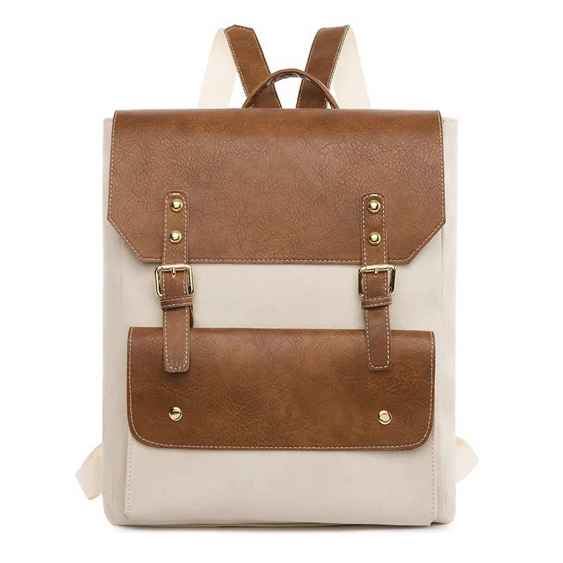 Korean retro style backpack in soft PU leather showing ventilation features and available colour options