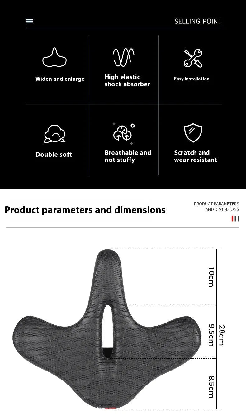 Black bicycle seat cushion with thickened foam padding for shock absorption on ordinary and mountain bikes