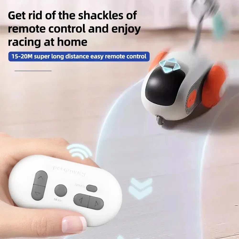 Blue remote control toy car for cats with feather teaser attachment on USB charging cable