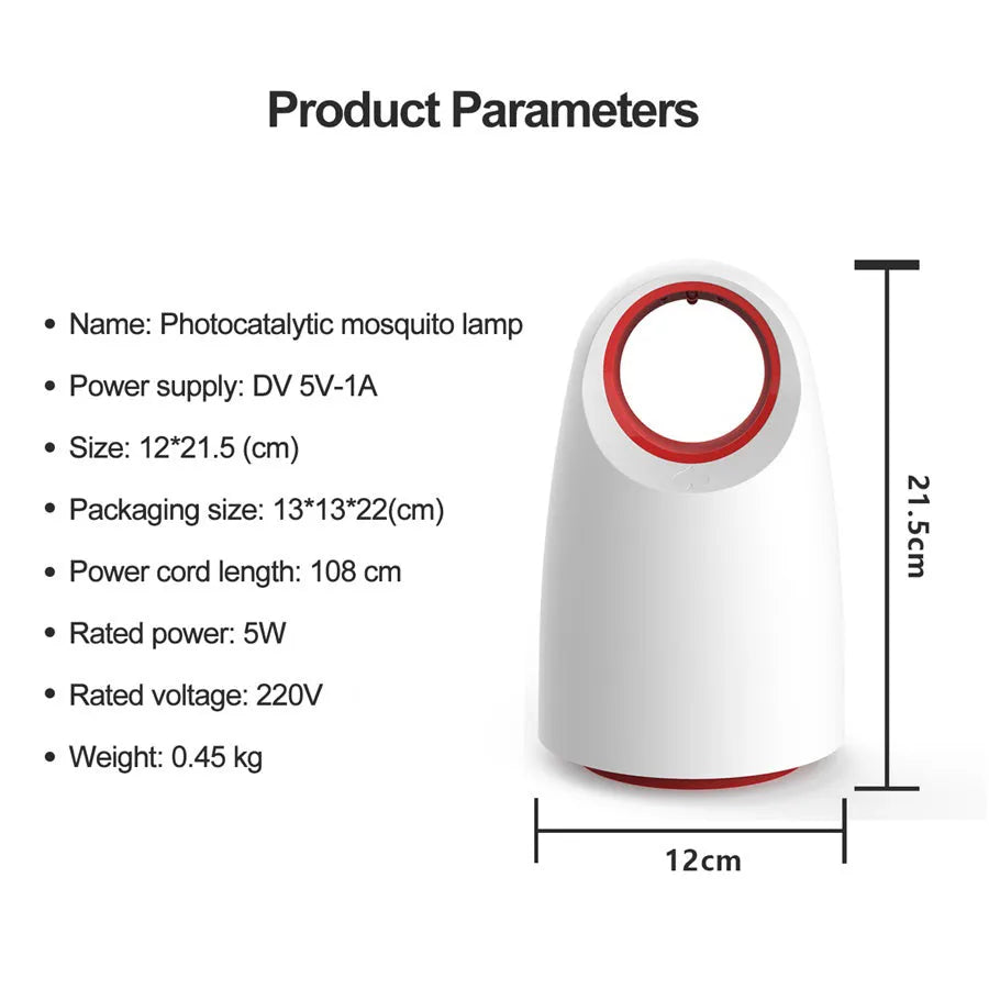 White or black silent USB mosquito killer with UV light for indoor use measuring 12x12x21.5 cm.