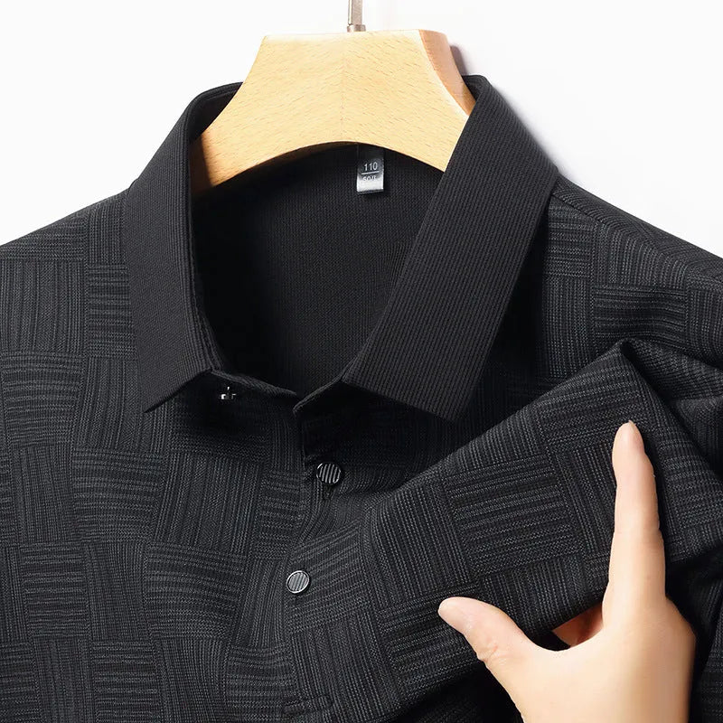 Men's lapel neck slim fit t-shirt in green, showing the casual collar design and lightweight fabric.