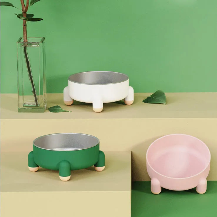 Stainless steel pet bowl with high foot design in green, pink, and white colour options