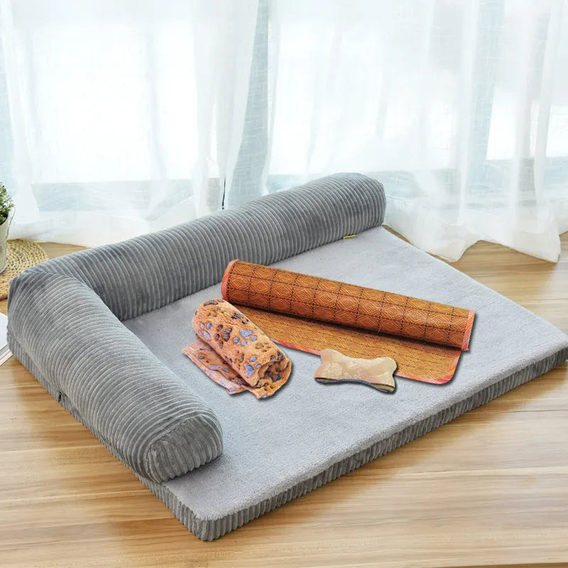Corduroy pet dog bed sofa in a neutral colour with a raised edge and non-slip base.