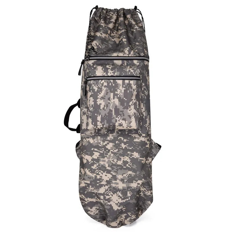 Lightweight waterproof nylon skateboard bag in camouflage green, showing large main compartment.