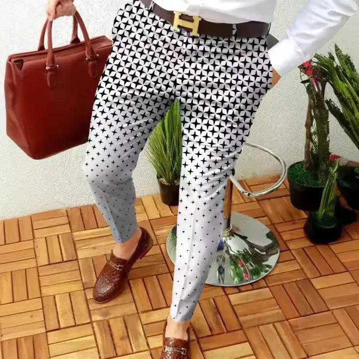 Men's slim-fit plaid casual trousers with 3D printed pattern and elastic waistband