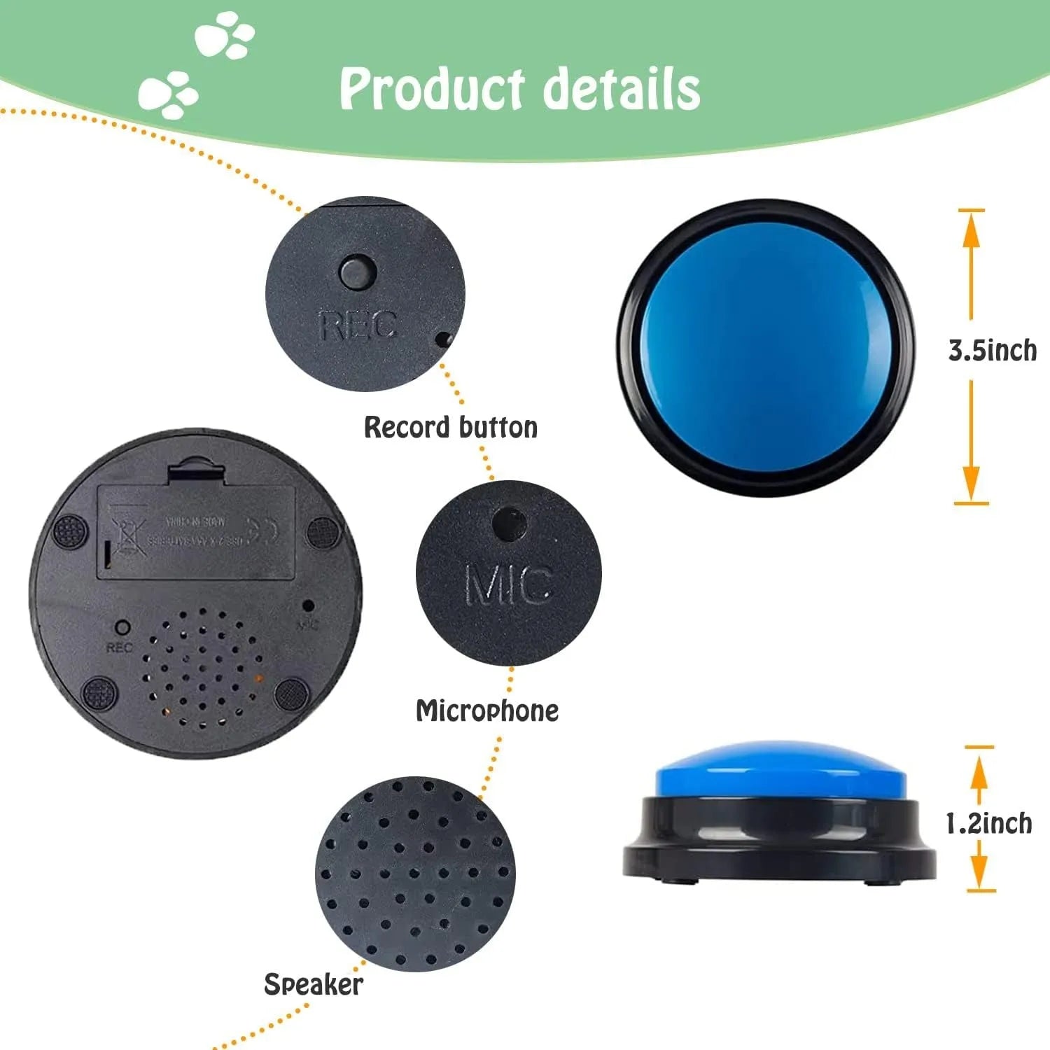 Voice recording pet training buzzer in five colour options for 30-second audio playback