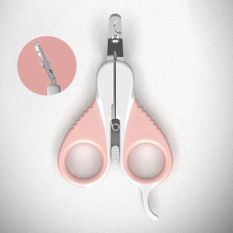Grey and pink angled blade cat nail clippers with safety guard on a non-slip handle