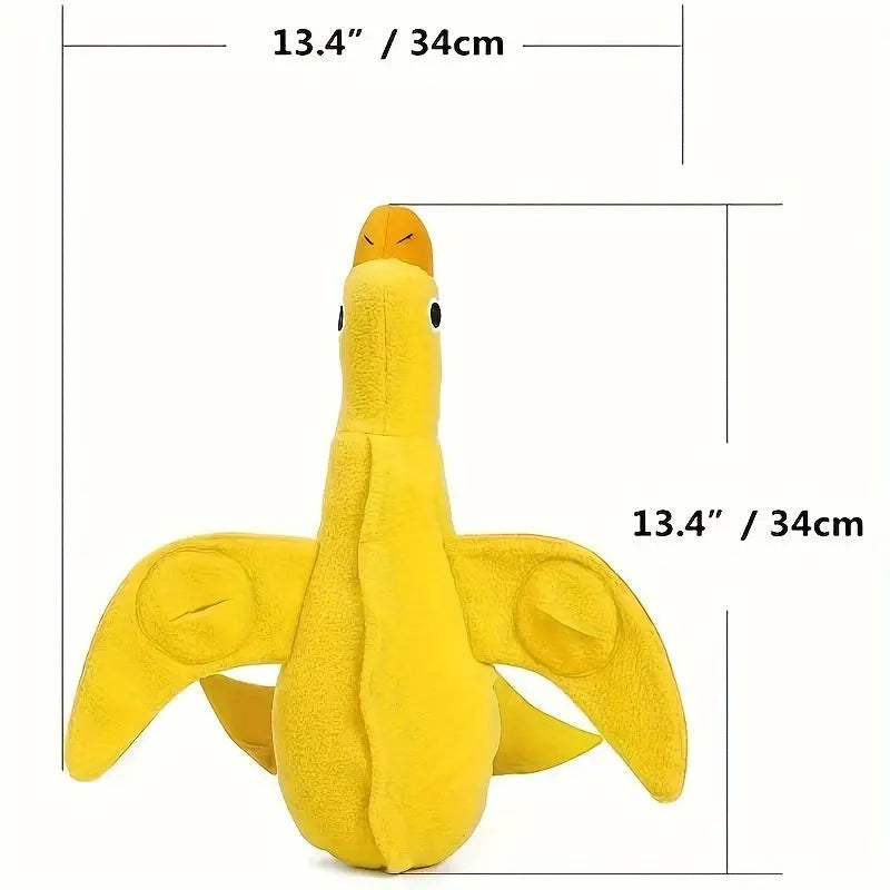 Yellow plush duck dog toy with a sound module and treat-dispensing openings.