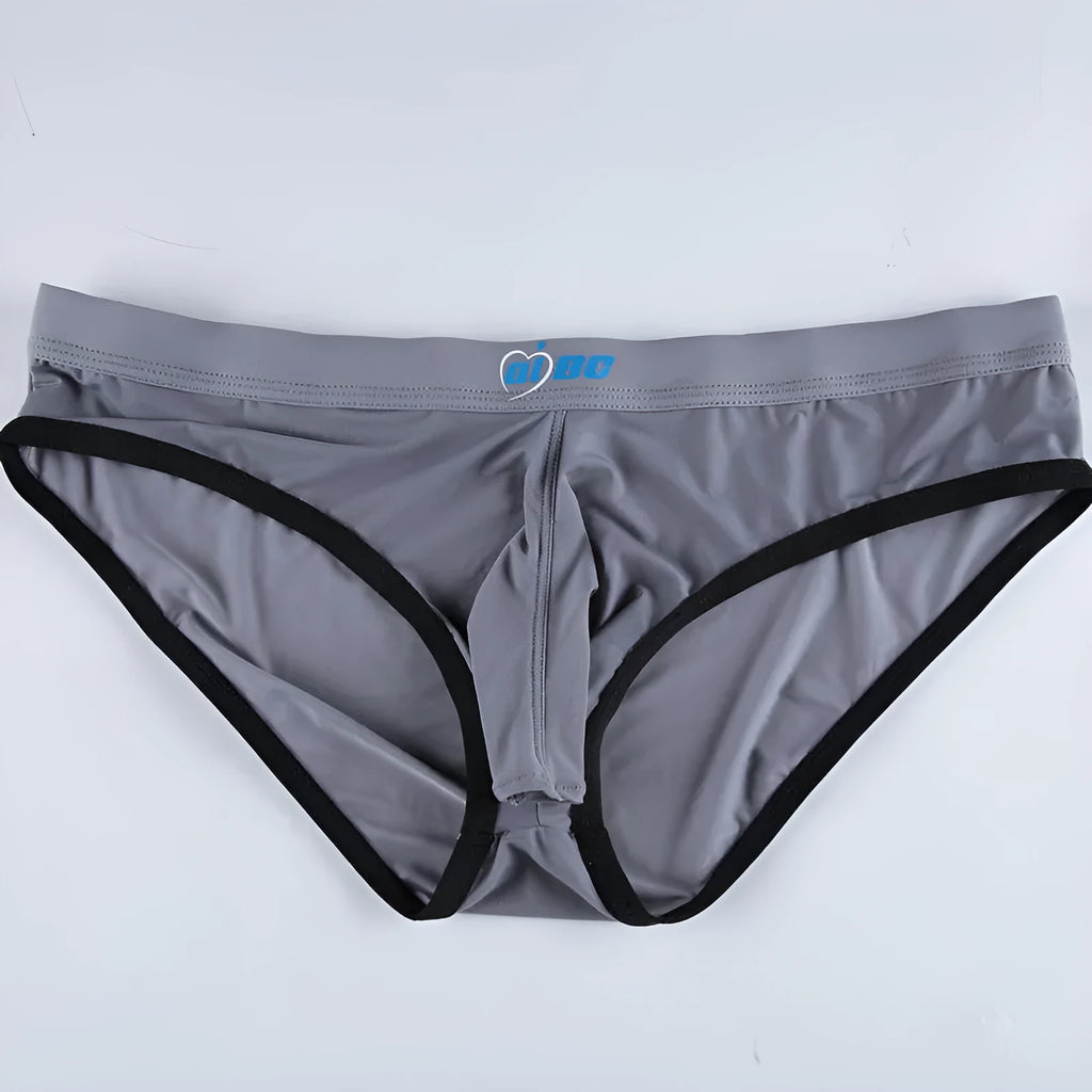 Men's mid-waist ice silk briefs in army green showing thin nylon fabric and bullet separation pouch design.