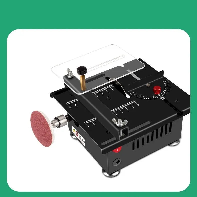 Lithium ion battery-powered metal desktop saw and angle grinder tool kit on a workbench.