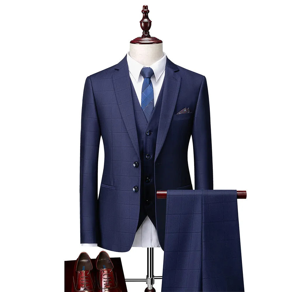 Men's navy blue plaid slim fit three-piece business casual suit with vest, jacket and trousers