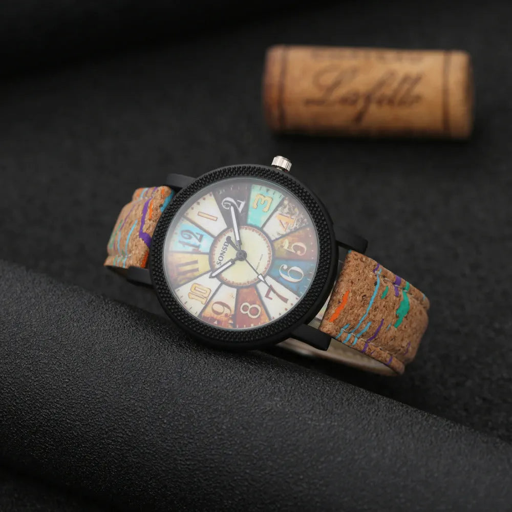 Vintage style leather strap women's quartz watch with 37mm round dial and stainless steel buckle