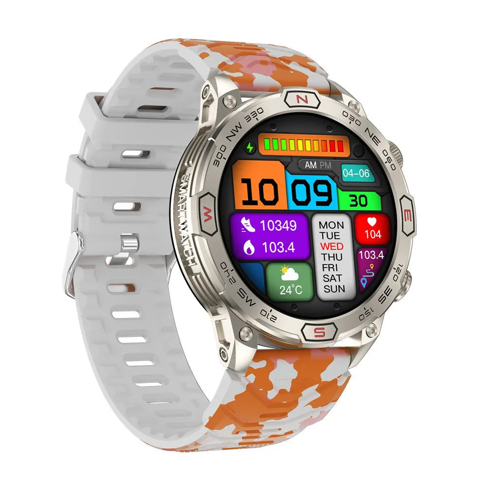 Sports smartwatch with AMOLED display on wrist showing heart rate monitoring interface
