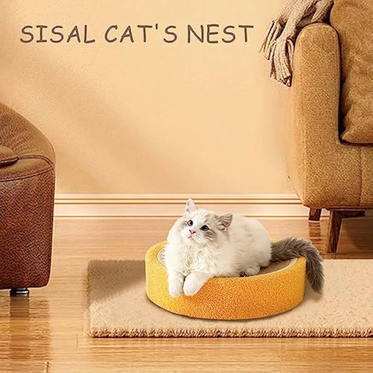 Yellow round sisal cat scratching board with slightly concave centre serving as cat bed