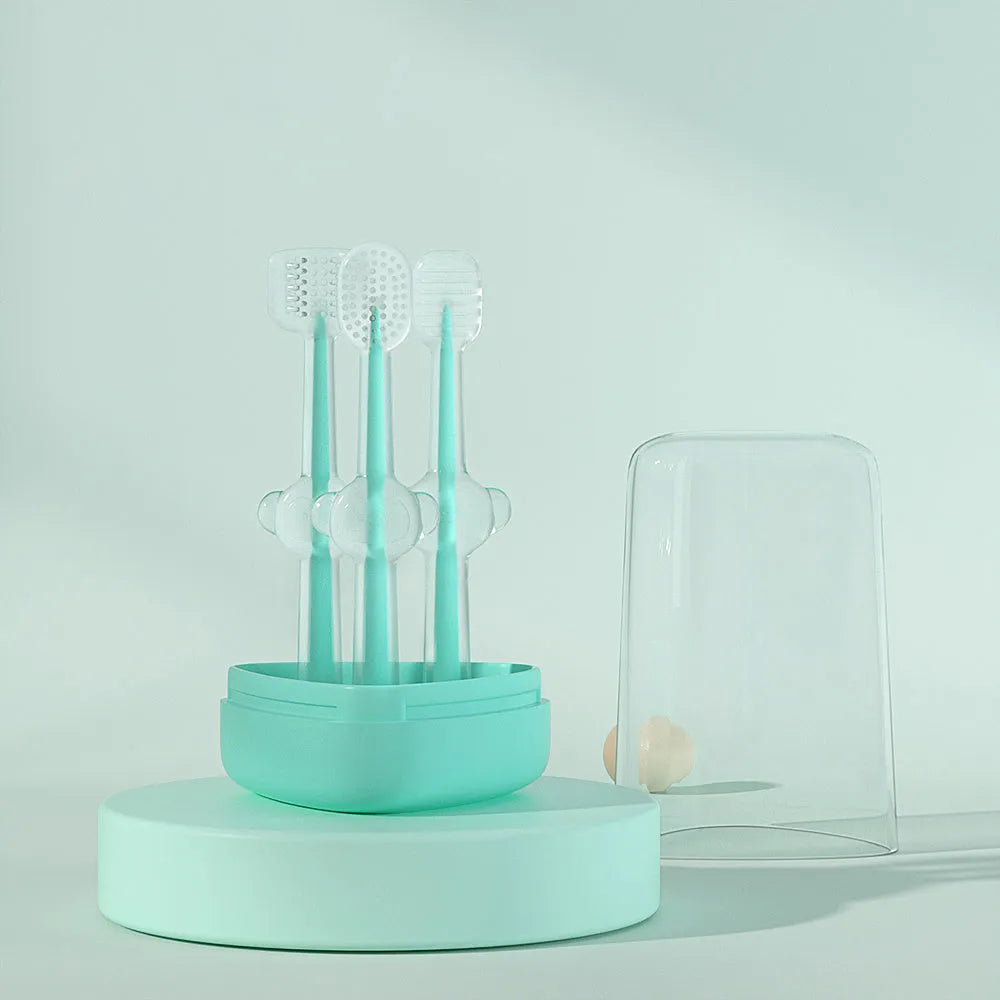 Purple pet toothbrush with soft silicone bristles for dog and cat dental cleaning