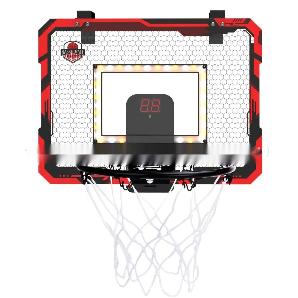 Red and blue folding basketball frame with scoring panels, suction cups, and iron hook