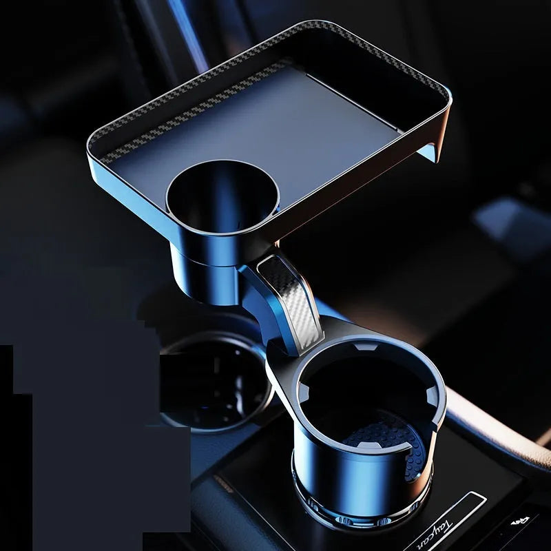 Black ABS rotating car tray holder showing cup holder and dinner plate attachment mounted in vehicle
