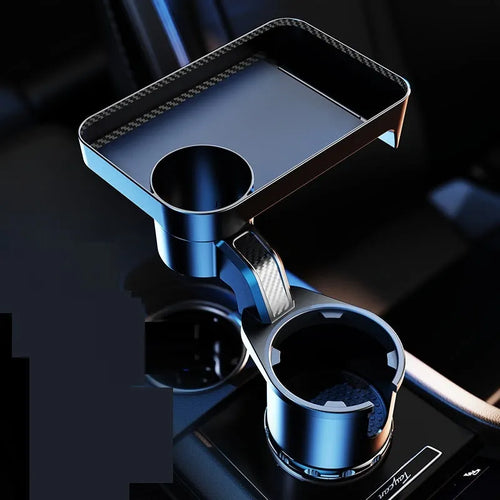 Black ABS rotating car tray holder showing cup holder and dinner plate attachment mounted in vehicle