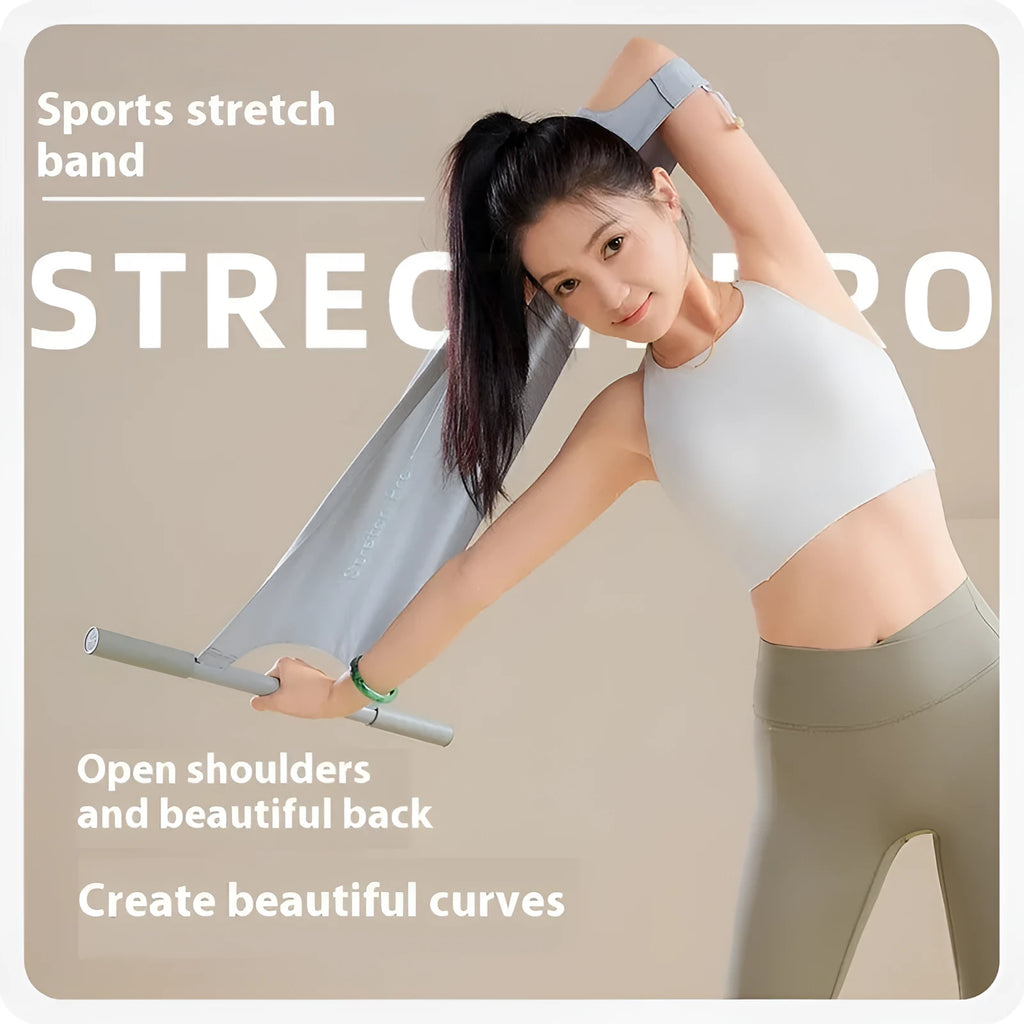 Grey and pink yoga multi-function stretching tool for shoulder back and hip flexibility.