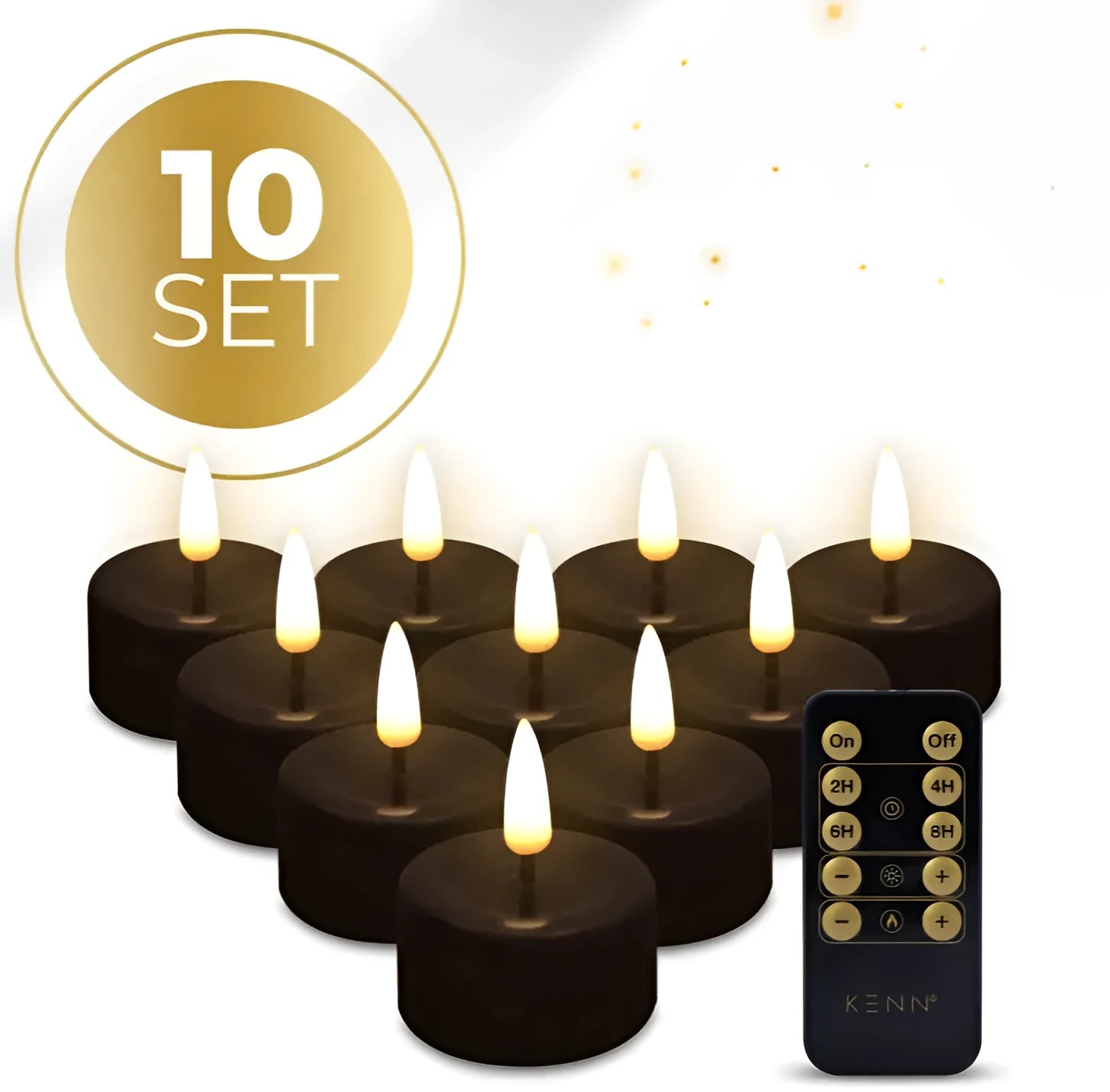 Four black S10 LED tealight candles showing realistic flickering light effect