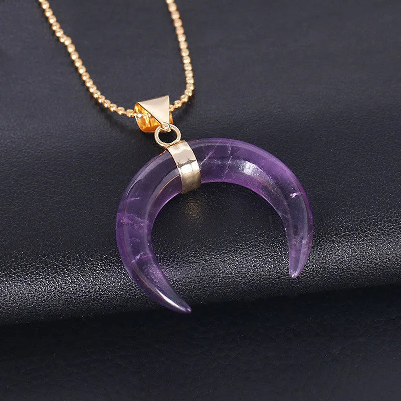 Crystal semi-precious stone moon pendant necklace with natural stone charm on 45cm chain