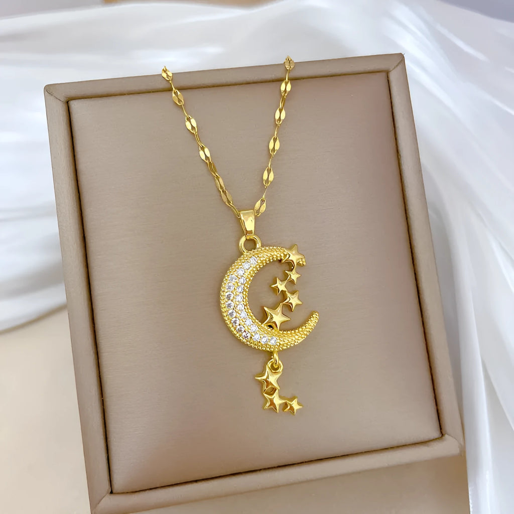 Geometric moon pendant necklace with stainless steel chain and copper tassel decorations
