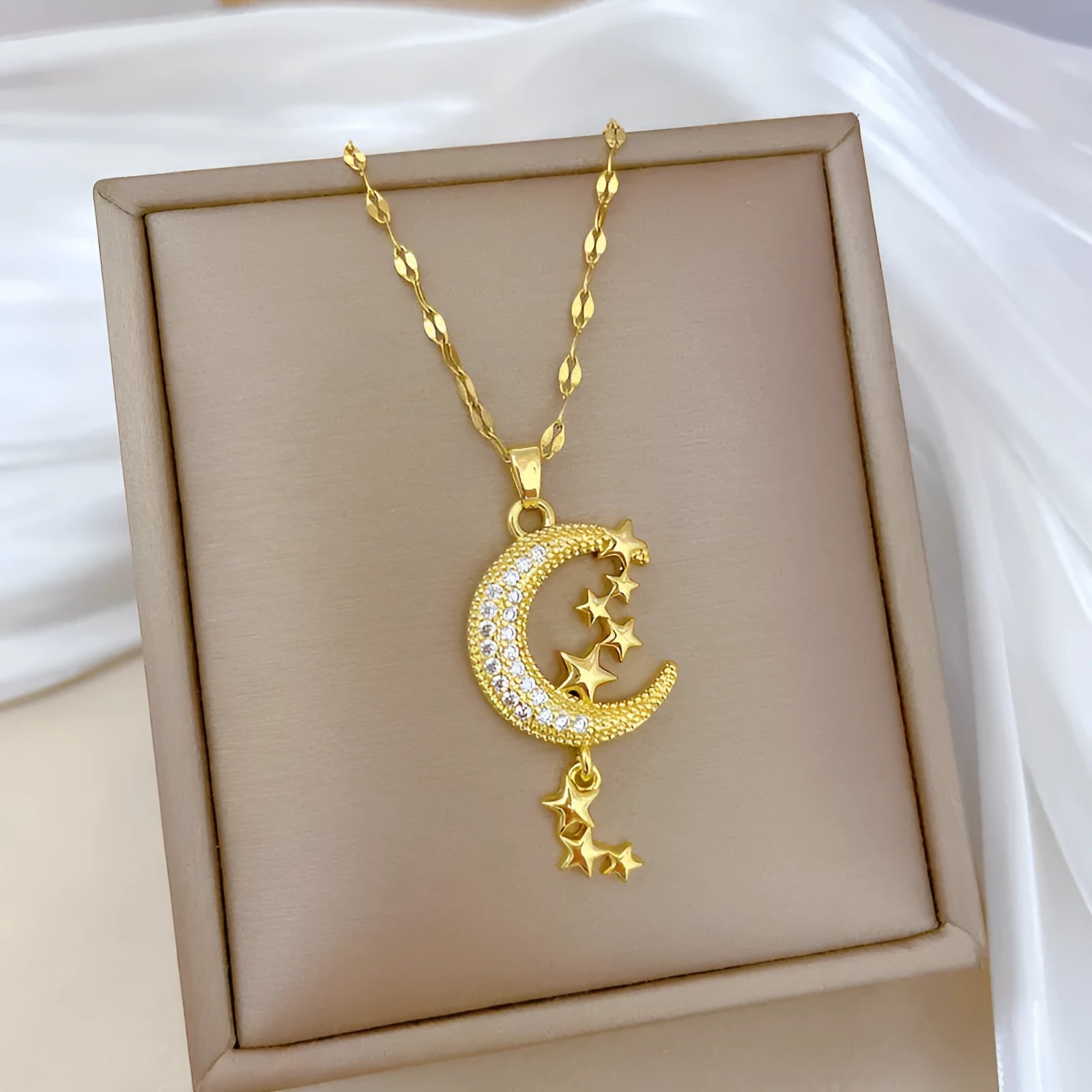 Geometric moon pendant necklace with stainless steel chain and copper tassel decorations