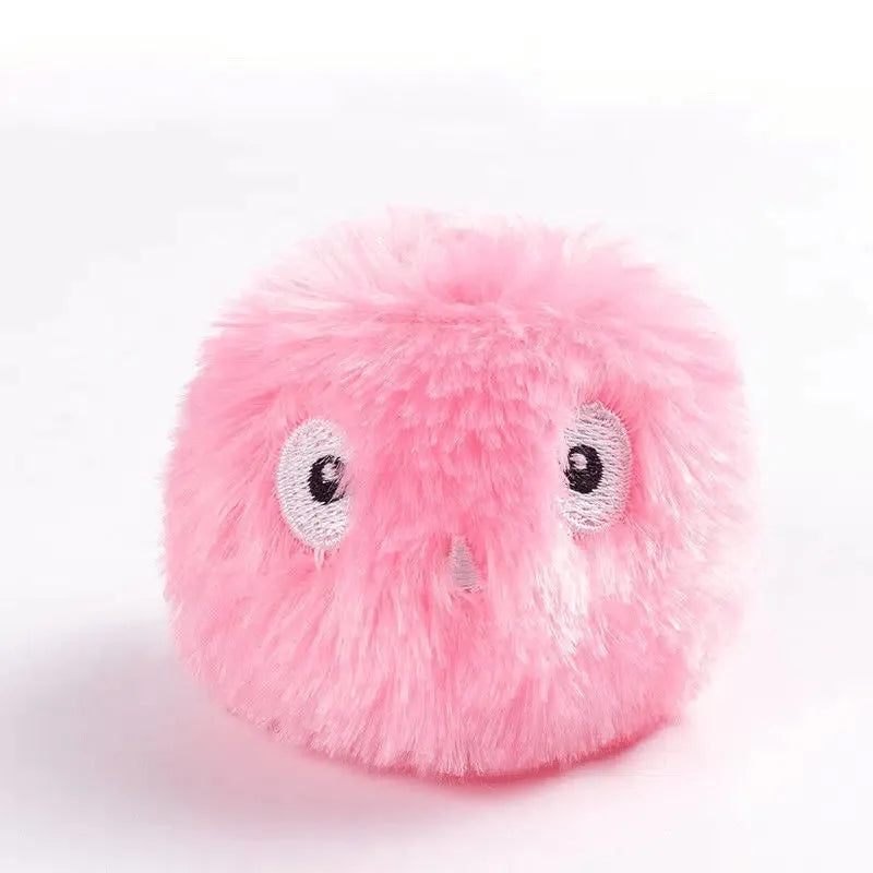 Interactive cat toy ball producing animal sounds when touched, available in blue, pink, and yellow