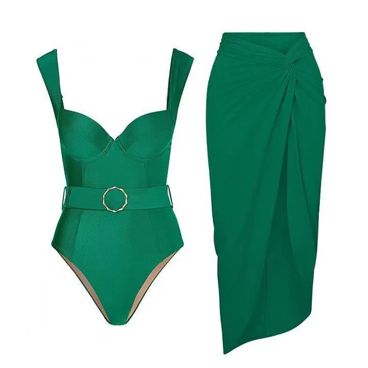 Women's one-piece swimsuit with gauze skirt in polyester fabric showing shoulder strap style options