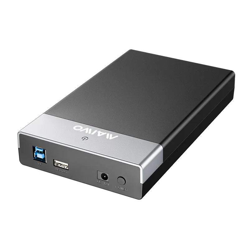 Black and silver 3.5-inch SATA to USB hard drive enclosure with power adapter and data cable
