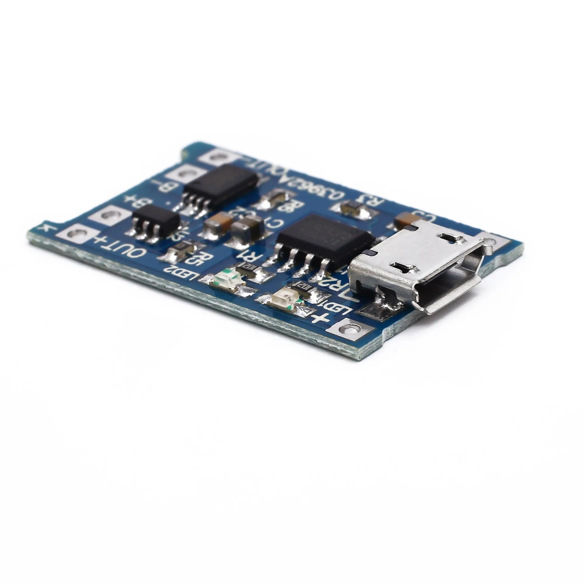 Blue TP4056 lithium battery charging and protection board measuring 26 x 17 mm