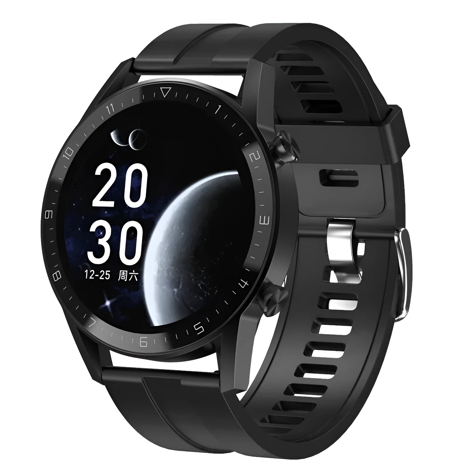 Men's black sports smart watch with 1.3-inch screen and genuine leather strap showing step counting display