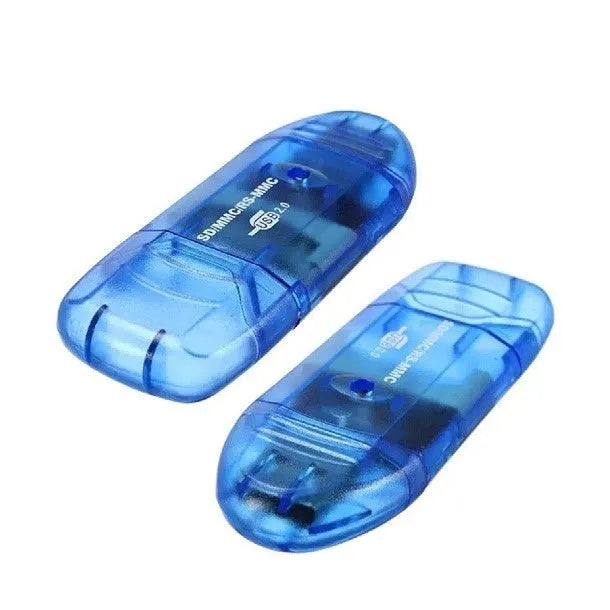 Transparent plastic USB card reader with LED lighting on computer desk