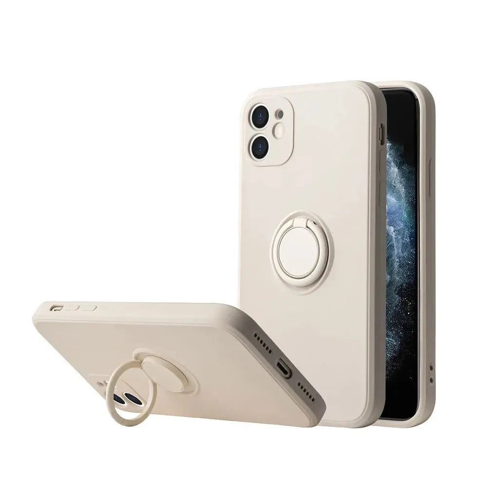 Liquid silicone iPhone 12 case with an integrated ring holder on the back, shown in a choice of colours.